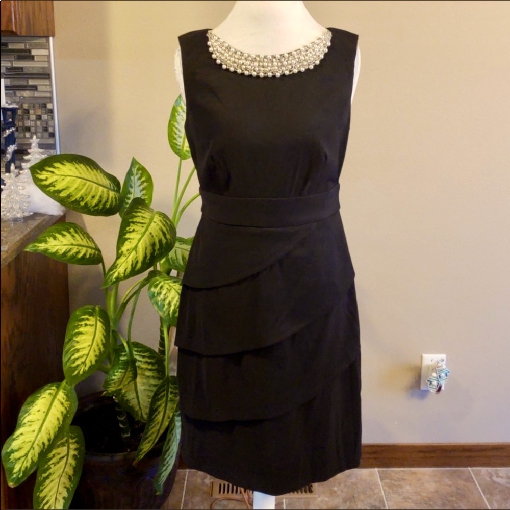 Sleeveless Black Dress with Pearls and Beads Neckline by Signature, Size 10
